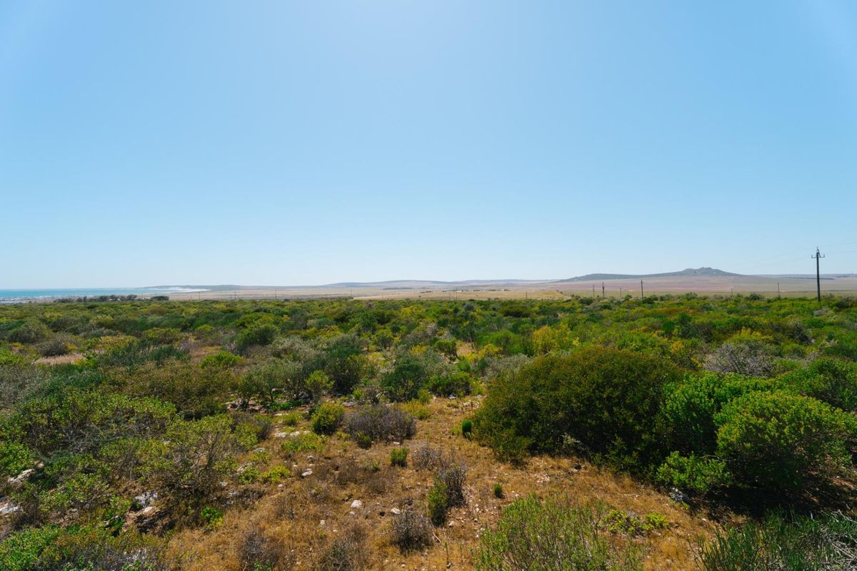 Expansive panoramic view of the natural coastal landscape and surrounding farm terrain under a clear blue sky.
