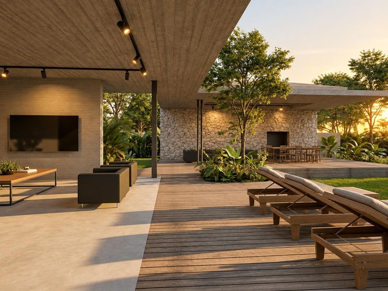 A luxurious covered outdoor patio featuring timber decking, stone feature walls, integrated track lighting, and a built-in fireplace, perfect for alfresco entertaining.