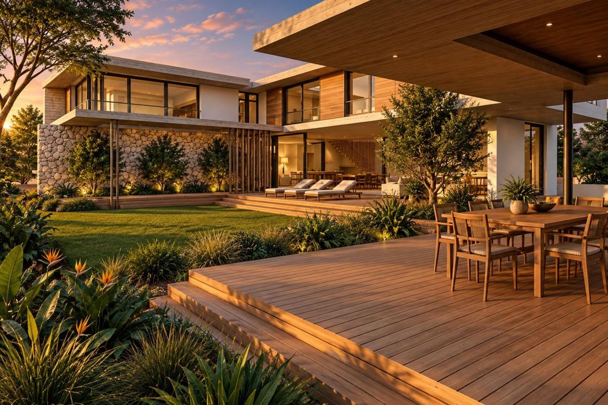 A luxurious rear exterior view featuring a spacious timber deck, landscaped garden, and modern architectural design with stone accents and integrated lighting.