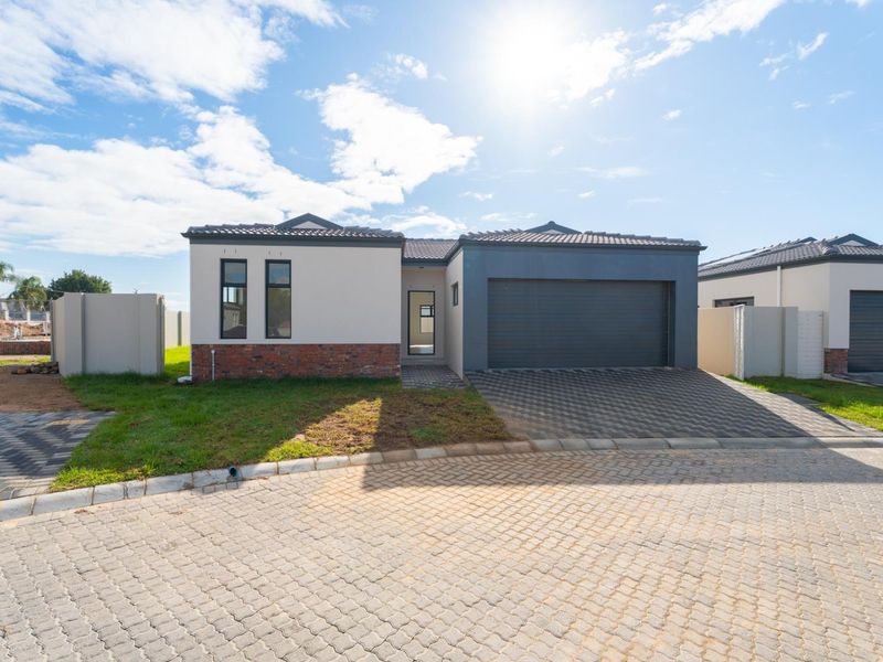 Modern single-story residential home featuring a paved driveway, integrated garage, and a combination of brick and plastered exterior finishes.