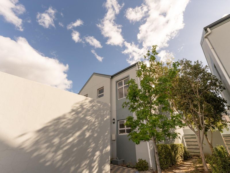 A view of the rear exterior of the house featuring a paved walkway, boundary wall, and established trees.