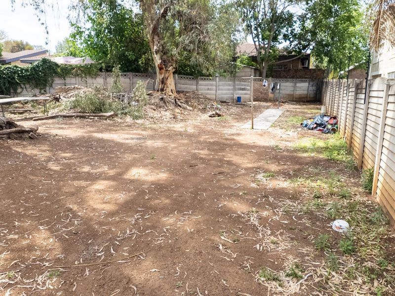 A spacious backyard area featuring mature trees and precast concrete boundary walls, currently requiring landscaping and clearing to reach its full potential.