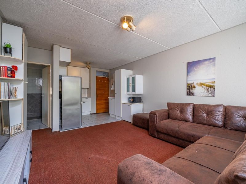 Open plan living area featuring a compact kitchen corner with built-in cabinetry and a combined lounge space with carpeted flooring.