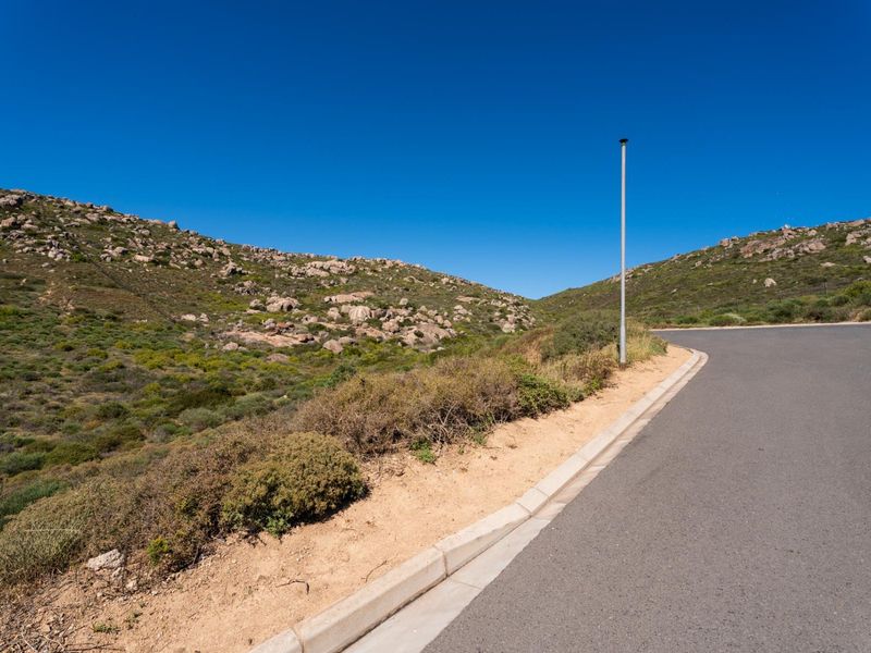 A view of a paved residential street with concrete curbing and a street light, bordering natural rocky hillside terrain.