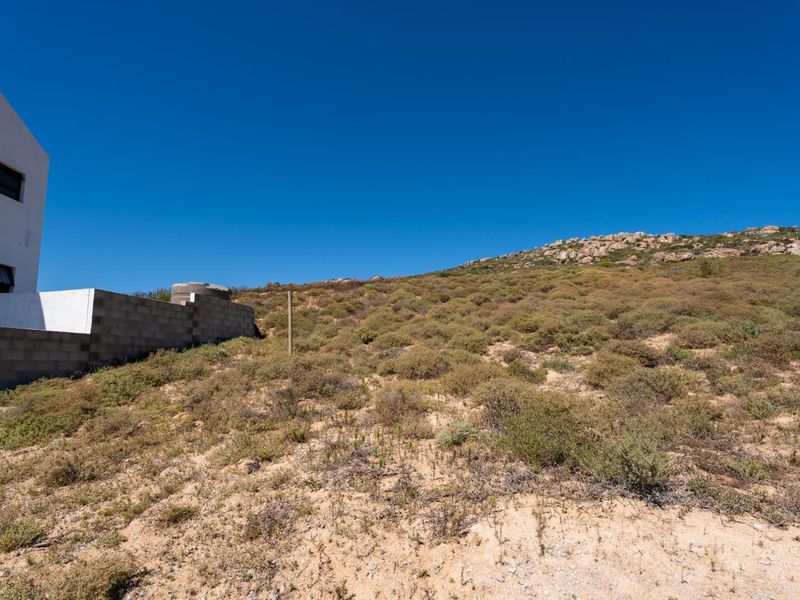 A view of the vacant residential land featuring natural vegetation, a concrete block boundary wall, and a water storage tank.