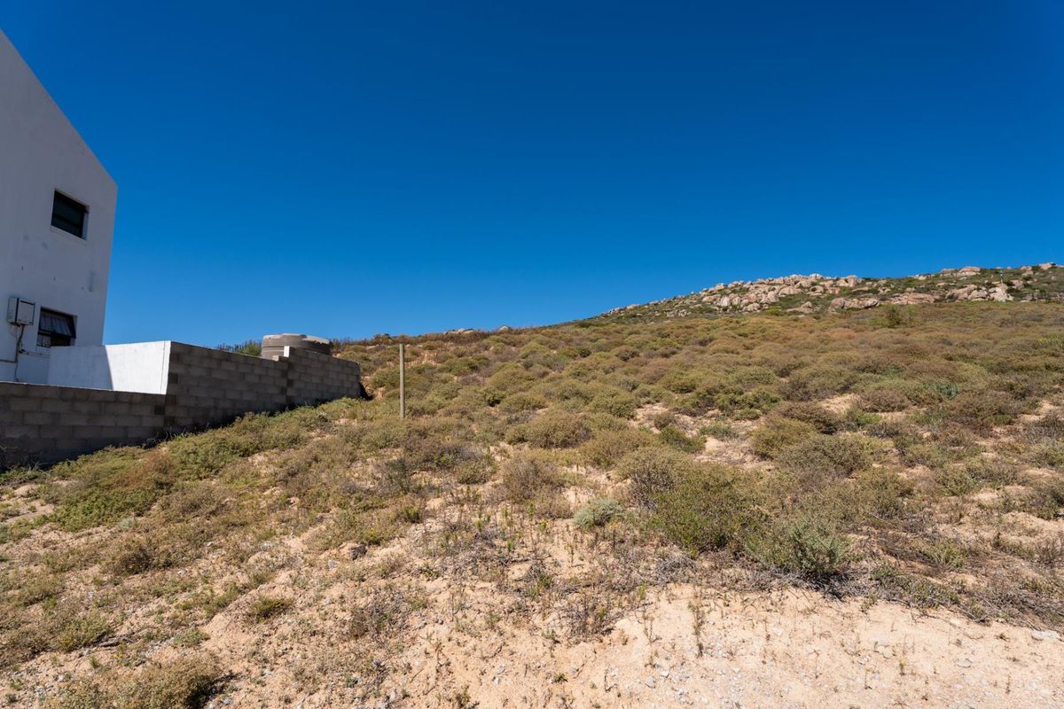 A view of the vacant residential land featuring natural vegetation, a concrete block boundary wall, and a water storage tank.