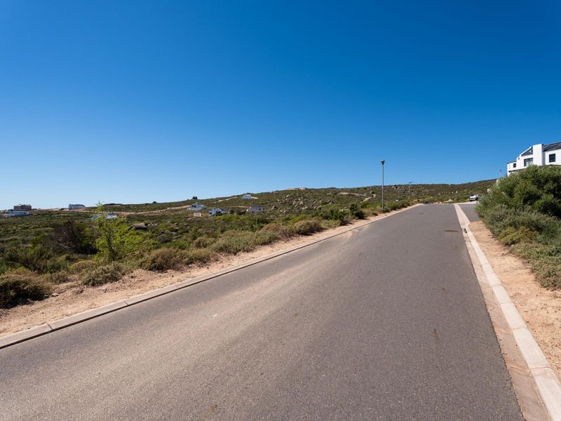 A view of the paved residential street and surrounding natural landscape in a coastal development area.