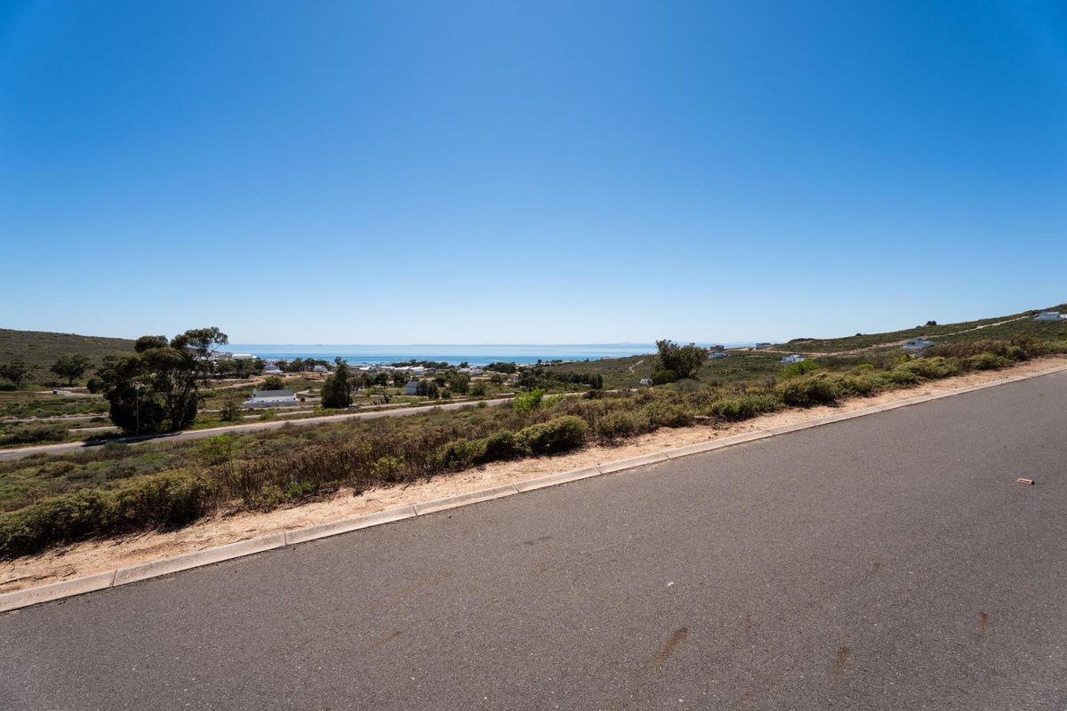 A scenic view of the coastal landscape and ocean horizon from the edge of a paved residential street.