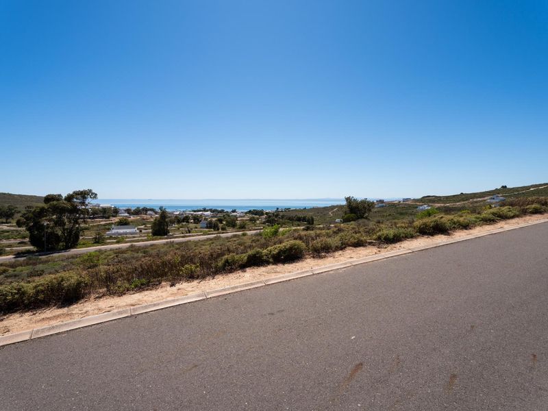 A scenic view of the coastal landscape and ocean horizon from the edge of a paved residential street.