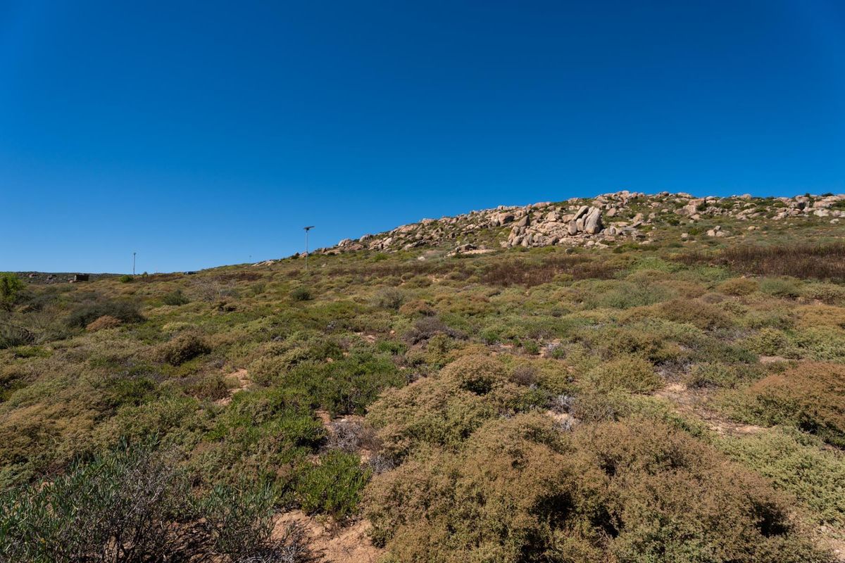 A view of the vacant residential land featuring natural rocky terrain and native coastal vegetation under a clear blue sky.