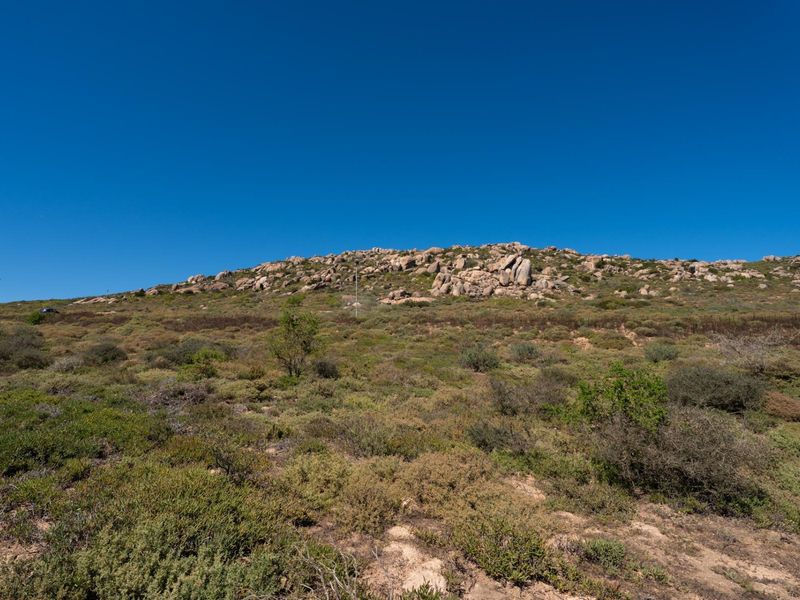 A view of a vacant residential plot featuring natural rocky terrain and native coastal vegetation under a clear blue sky.