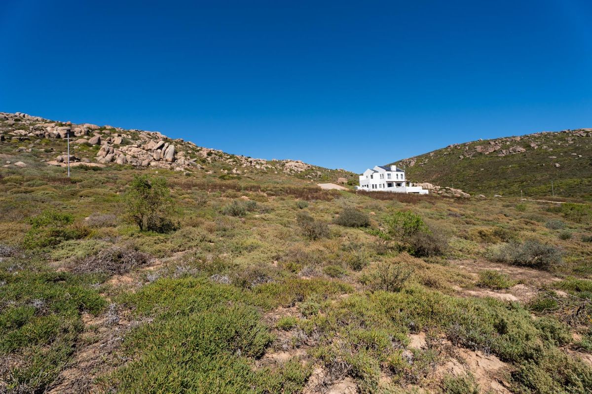 An elevated view of a large, undeveloped residential plot featuring natural rocky terrain and native fynbos vegetation with a distant house visible.