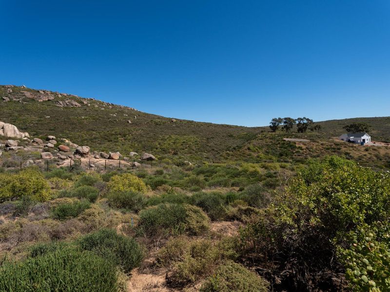 A scenic view of the natural landscape featuring rocky terrain, indigenous vegetation, and distant property structures under a clear blue sky.