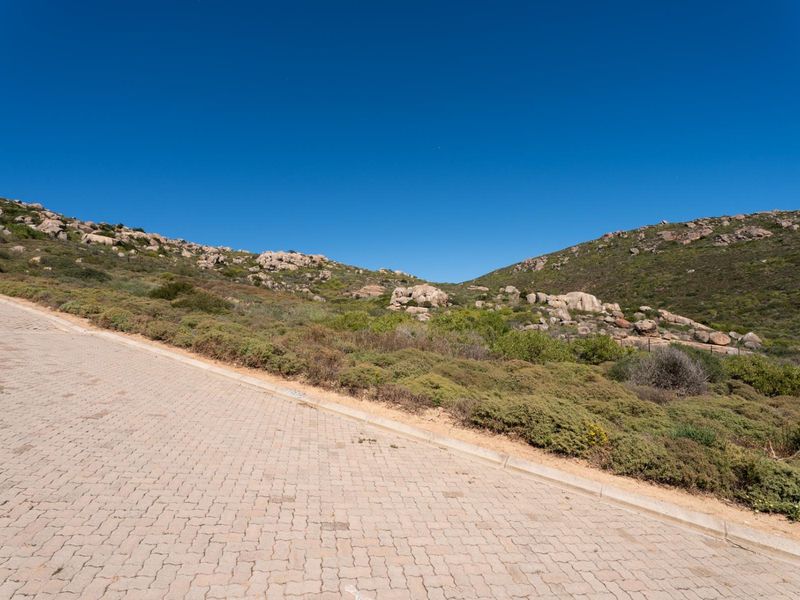 A view of a paved residential street leading into a natural landscape with rocky hills and native vegetation.