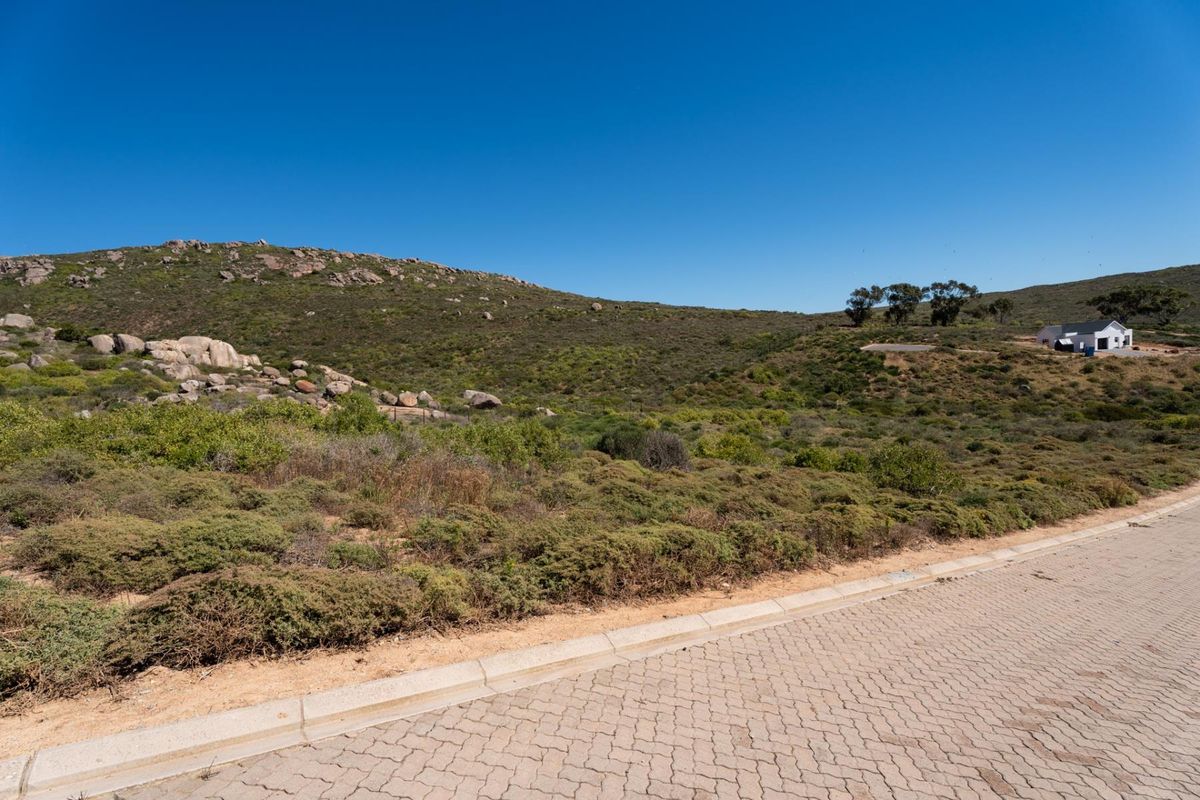 A view of a vacant residential plot from the paved street, featuring natural fynbos vegetation and rocky hillside terrain.