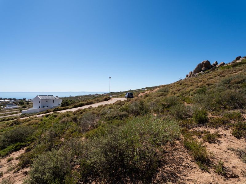 A scenic view of the coastal landscape, featuring natural rocky terrain, native vegetation, and a distant view of the ocean.