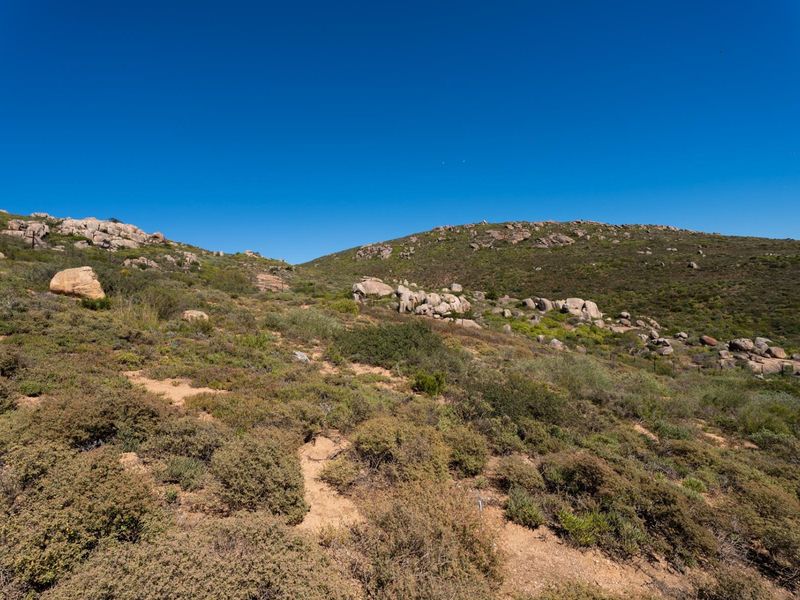 A scenic view of the natural, undeveloped residential land featuring native vegetation and rocky terrain under a clear blue sky.