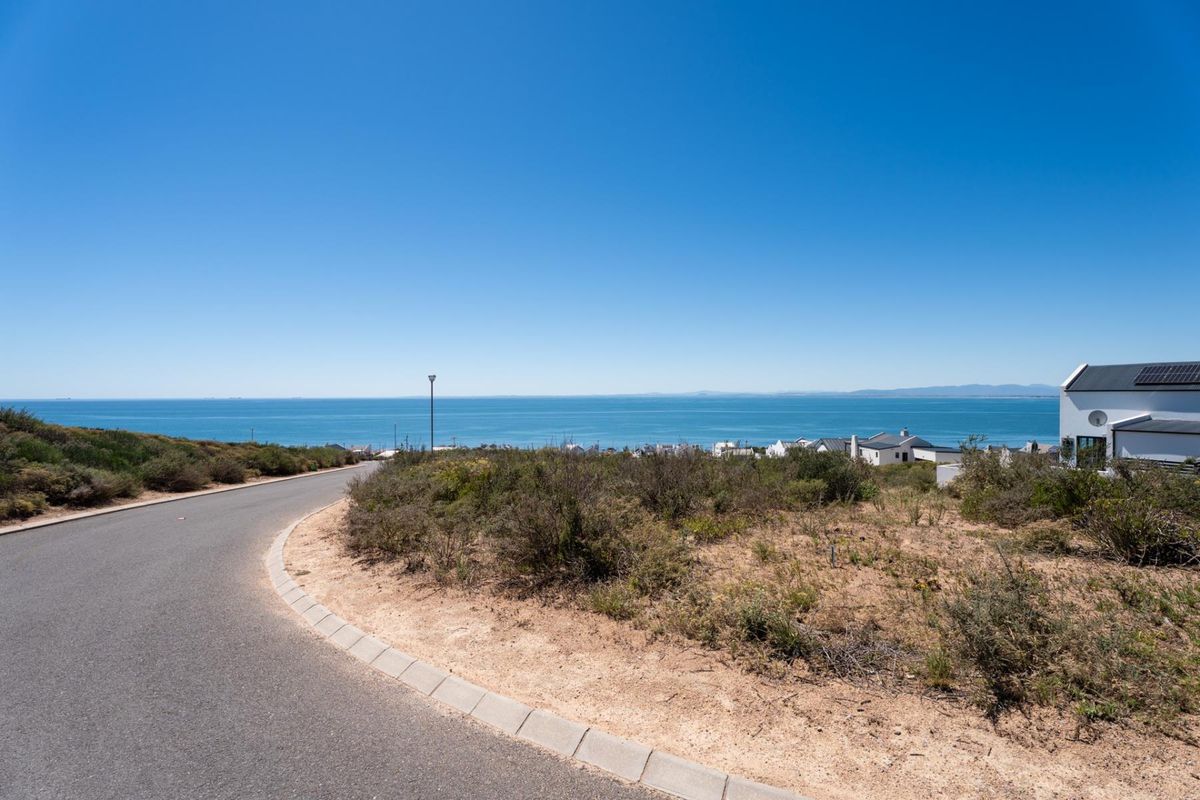 A scenic view of the ocean from a paved residential street, showcasing the coastal landscape and surrounding neighborhood.