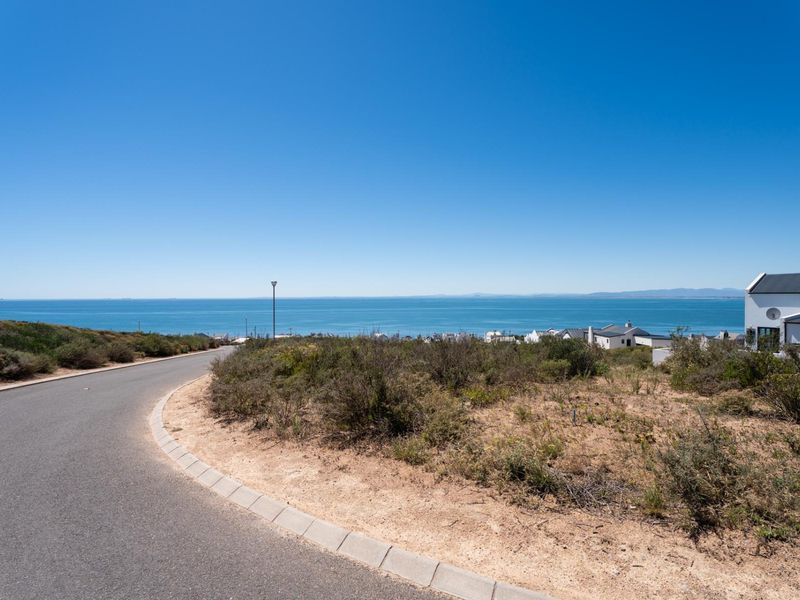 A scenic view of the ocean from a paved residential street, showcasing the coastal landscape and surrounding neighborhood.