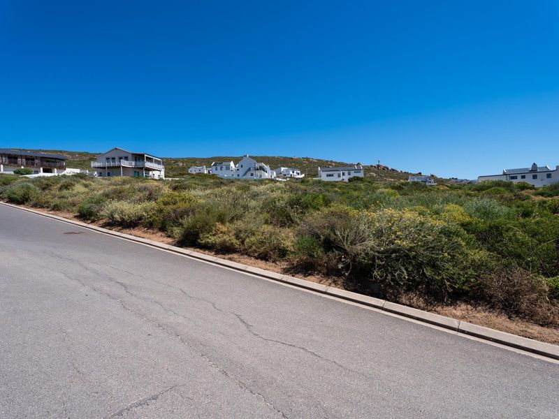 A street-level view of a vacant residential plot featuring natural fynbos vegetation, bordered by an asphalt road with concrete curbing in a coastal neighborhood.