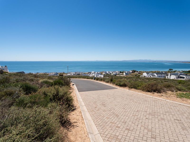 A scenic view overlooking the coastline and ocean from a paved residential street in a coastal estate.