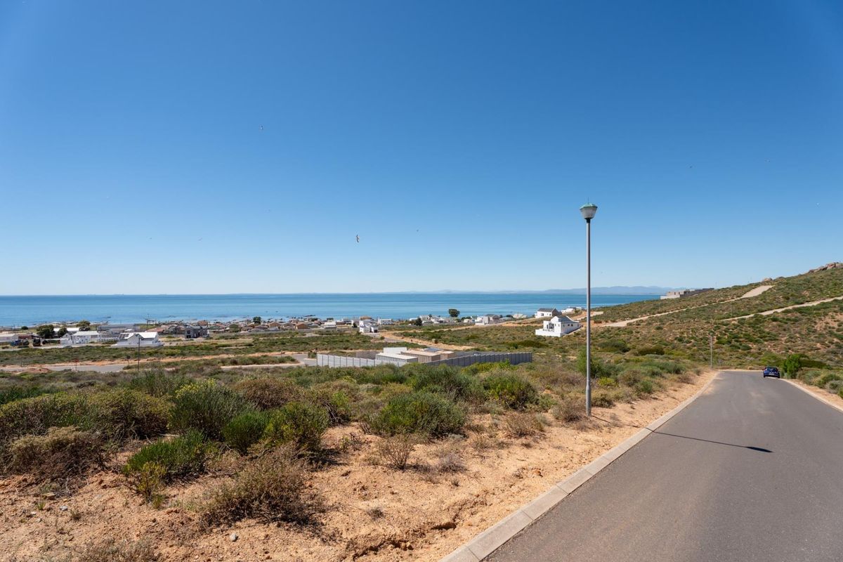 A scenic elevated view overlooking the coastal landscape, featuring a paved road, street lighting, and expansive ocean vistas.