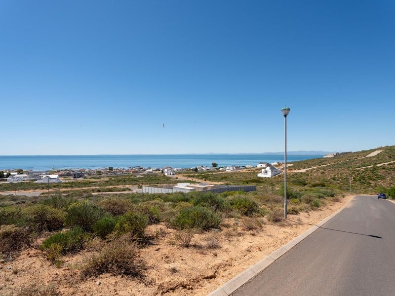 A scenic elevated view overlooking the coastal landscape, featuring a paved road, street lighting, and expansive ocean vistas.