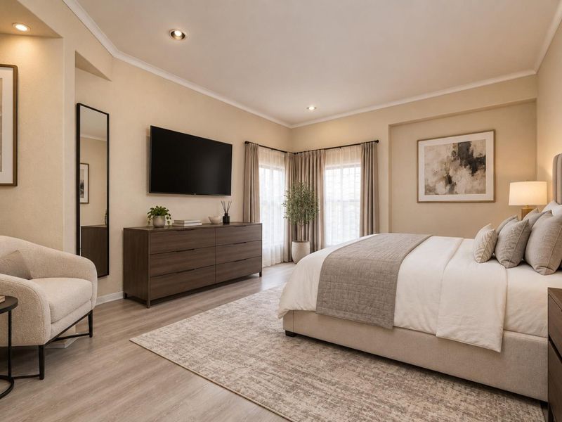 A well-appointed bedroom featuring neutral tones, recessed lighting, and modern laminate flooring, creating a comfortable and inviting living space.