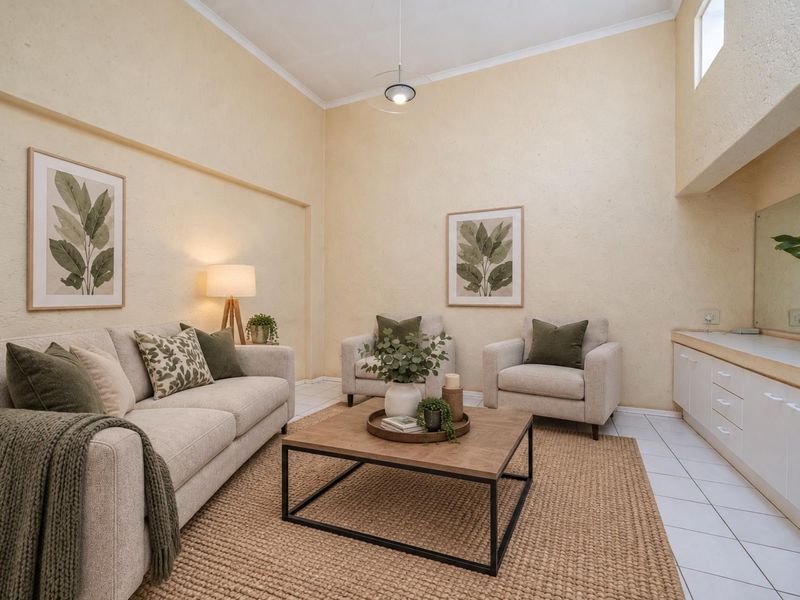 A bright living room featuring high vaulted ceilings, tiled flooring, and built-in cabinetry, offering a spacious and comfortable atmosphere.