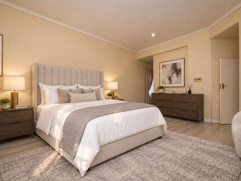 A well-maintained bedroom featuring neutral textured walls, laminate flooring, and recessed ceiling lighting, creating a comfortable and inviting sleeping space.