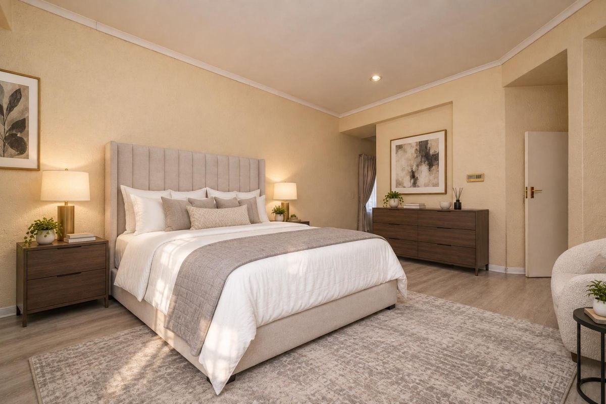 A well-maintained bedroom featuring neutral textured walls, laminate flooring, and recessed ceiling lighting, creating a comfortable and inviting sleeping space.