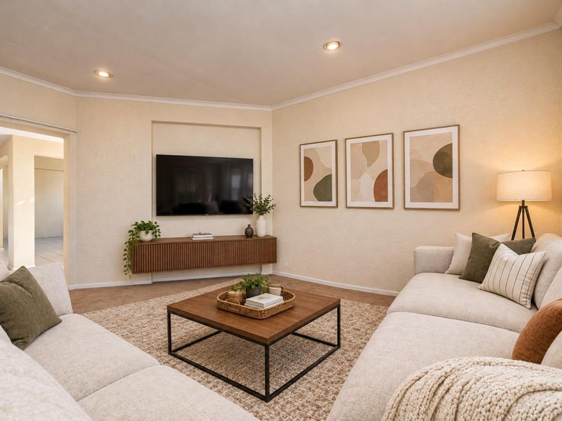 A well-maintained living room featuring recessed lighting, coving, and a custom wall-mounted media console, creating a clean and modern aesthetic.