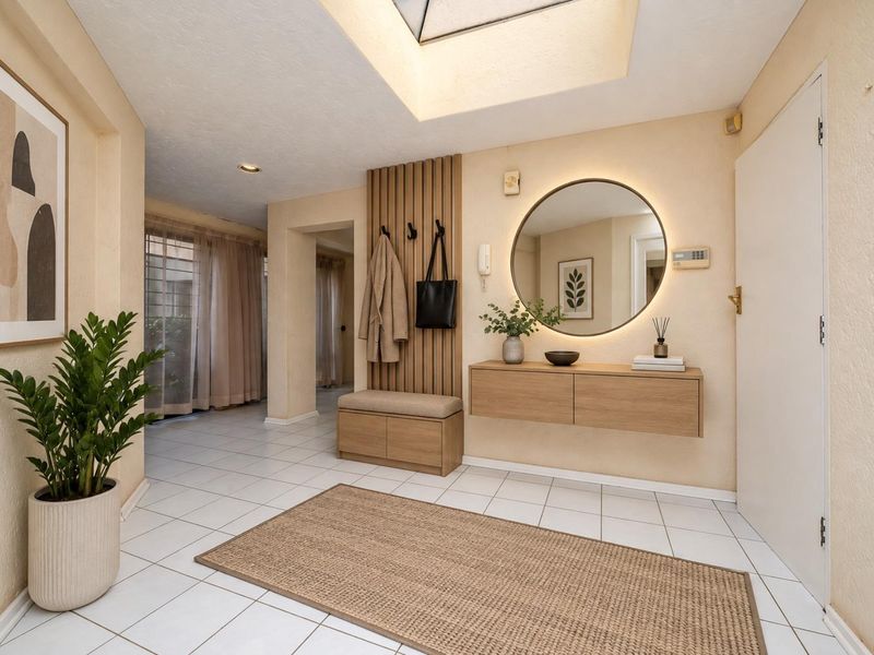 A bright and welcoming entrance hall featuring a skylight, tiled flooring, and modern built-in wall-mounted cabinetry with integrated slatted wood paneling.