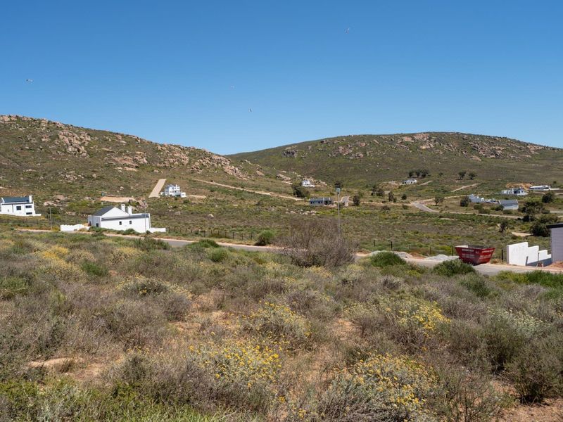 A wide-angle view of a residential development area featuring natural fynbos vegetation, rolling hills, and scattered coastal homes.