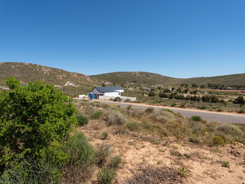 A scenic view of the surrounding landscape, featuring natural vegetation, a paved road, and distant residential properties in a quiet, open setting.