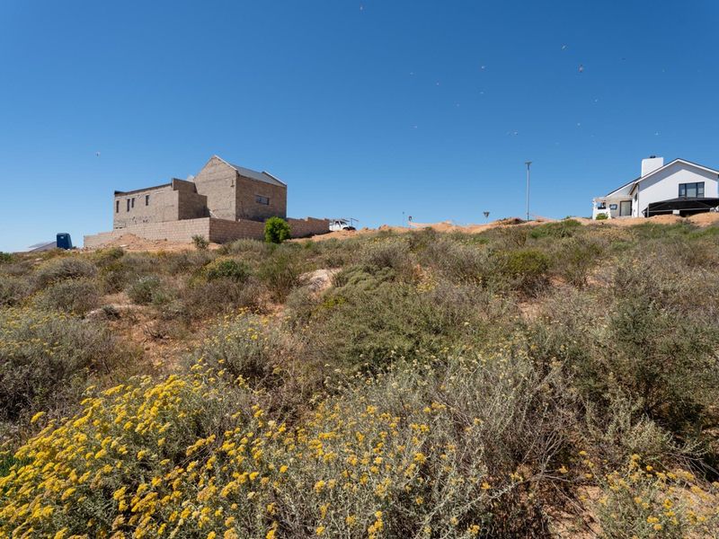 A view of a vacant residential plot featuring native vegetation and a partially constructed masonry building structure.