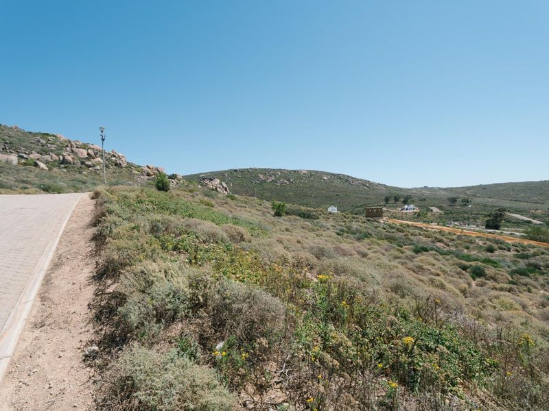 A view of a paved road bordering a sloped, undeveloped residential plot with natural vegetation and distant hillside views.