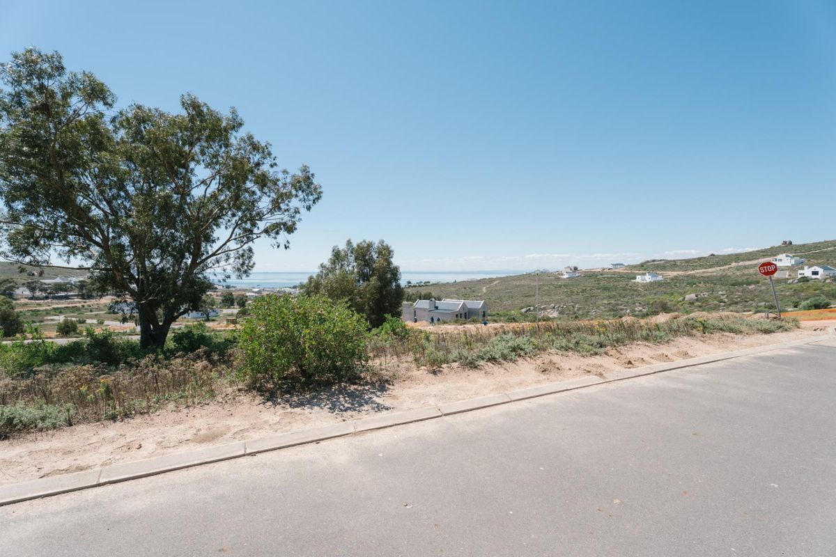 A street-level view of a vacant residential plot featuring natural coastal vegetation and distant ocean views.