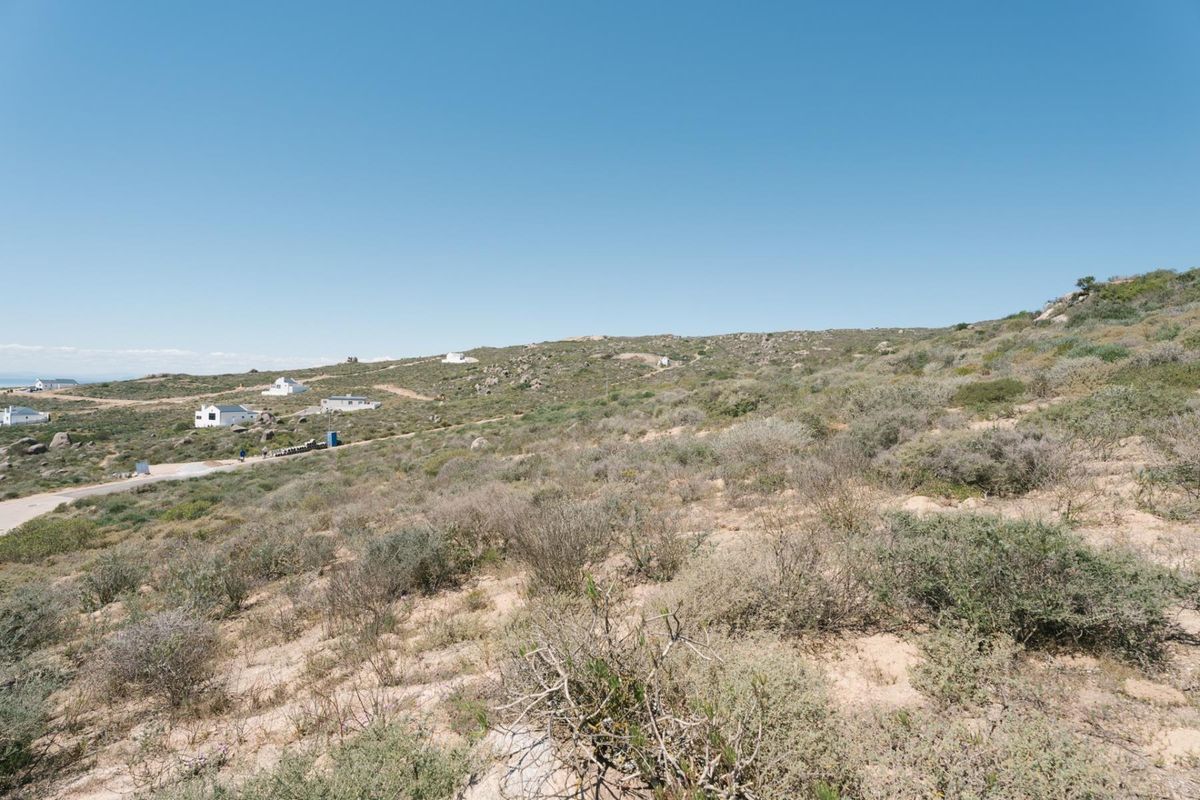 A wide-angle view of a vacant residential plot featuring natural coastal vegetation and rocky terrain in a quiet neighborhood setting.