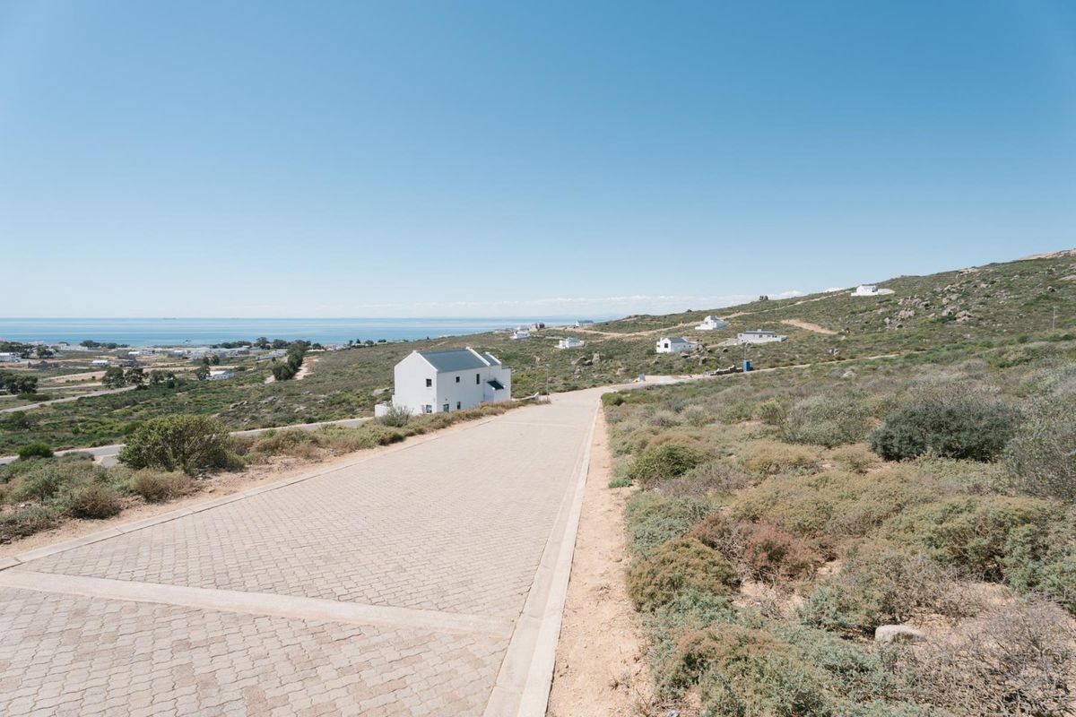 A view of a paved residential driveway leading through a coastal landscape with distant ocean views.