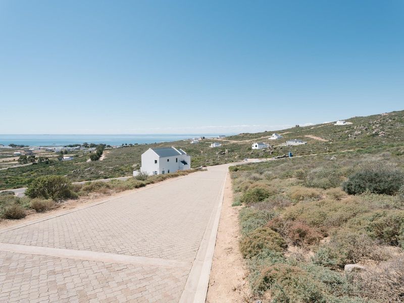 A view of a paved residential driveway leading through a coastal landscape with distant ocean views.