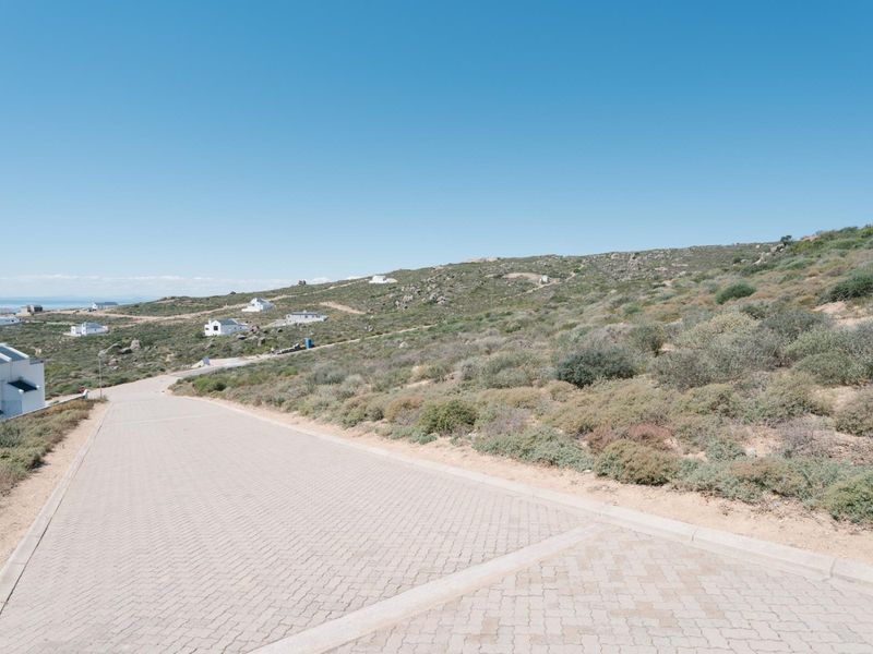 A view of a paved residential street leading through a coastal hillside development with natural vegetation.