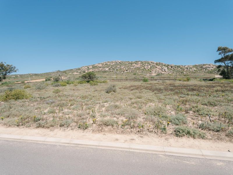 A vacant residential plot featuring natural vegetation and rocky hillside views, accessible via a paved road with a concrete curb.
