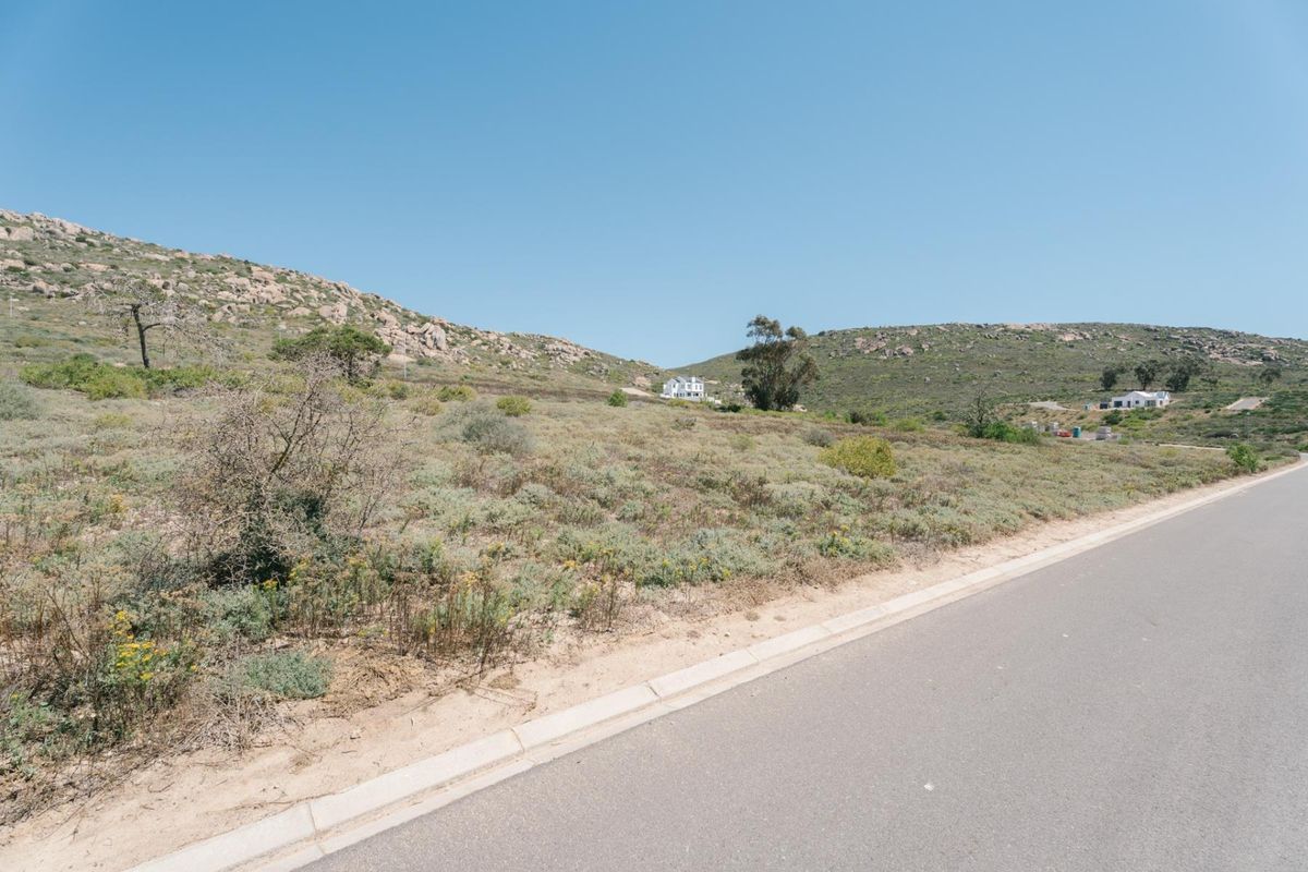 A view of a vacant residential plot from the adjacent paved street, featuring natural vegetation and a hilly landscape.