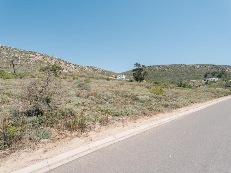 A view of a vacant residential plot from the adjacent paved street, featuring natural vegetation and a hilly landscape.