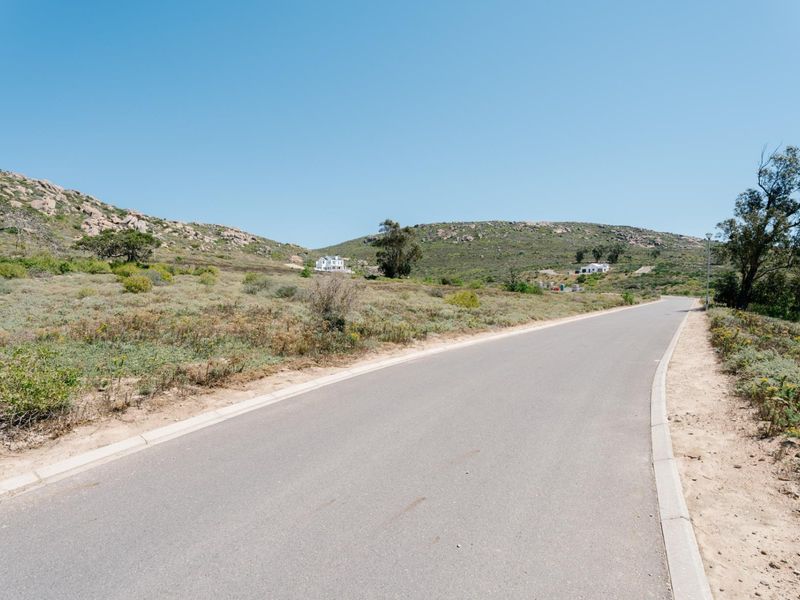 A view of a paved residential street winding through a natural, hilly landscape with native vegetation.