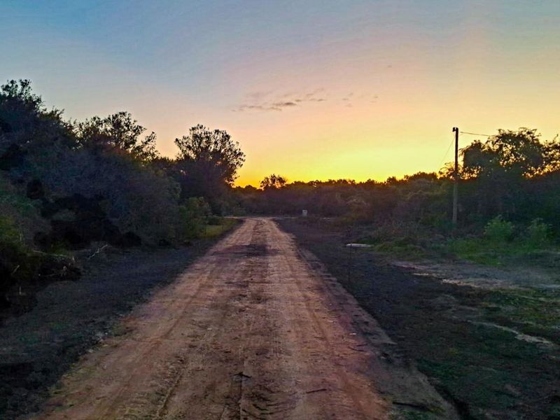 A view of an unpaved access road leading through a vacant residential plot at sunset.