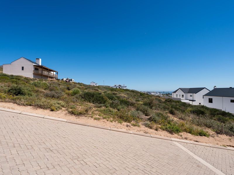 A view of the paved street and surrounding residential landscape in a coastal estate setting.