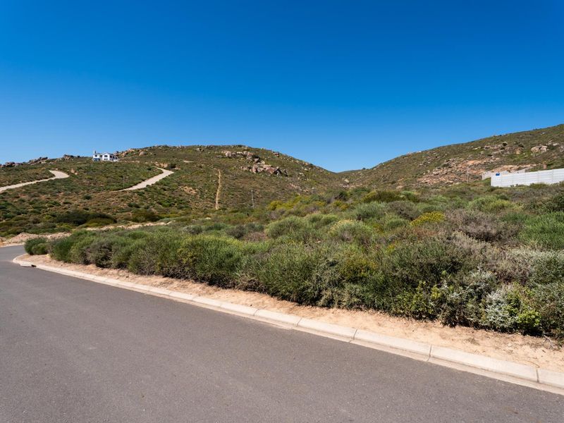 A view of the paved street and concrete curbing bordering the vacant residential land, set against a natural hilly landscape.