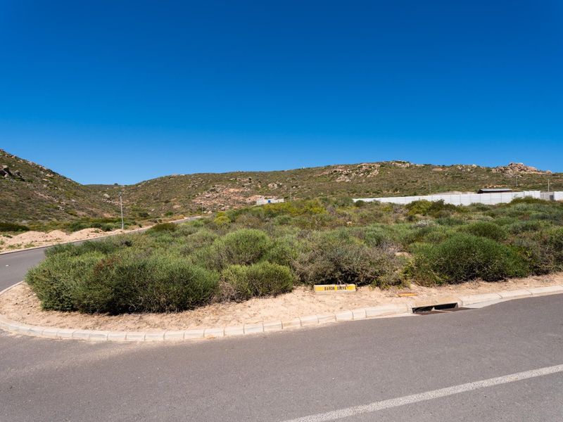 A view of the street frontage and corner of the vacant residential plot, featuring established road infrastructure and natural coastal vegetation.